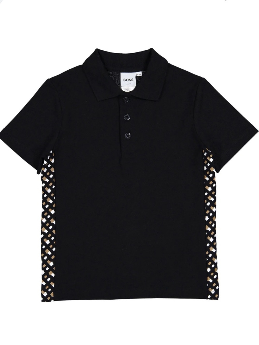Boss Slim Fit Black Polo Geometric Side Panels Boys Size 16 Medium Short Sleeve